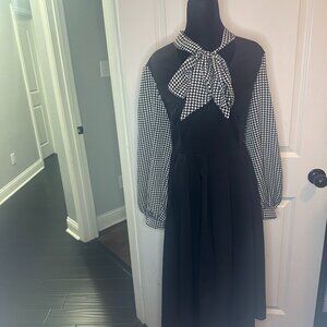Black A-Line Dress with Houndstooth Sleeves